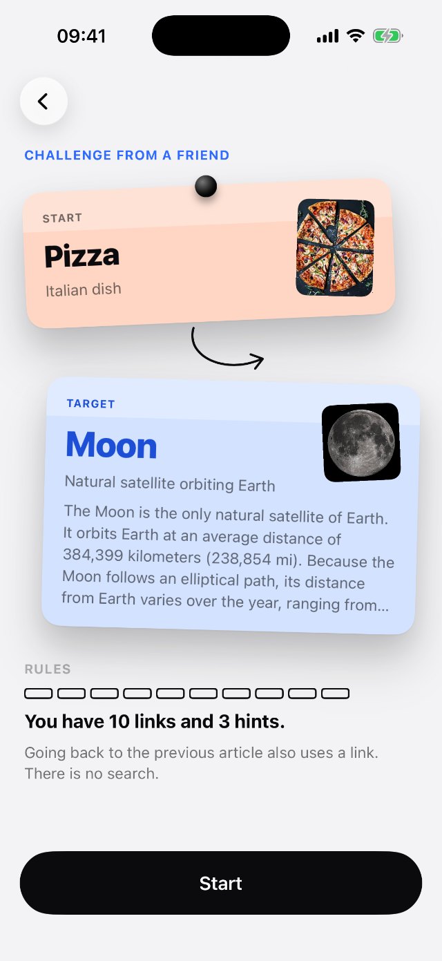 Hyperhop briefing screen: start article Pizza, target article Moon, ten links and three hints
