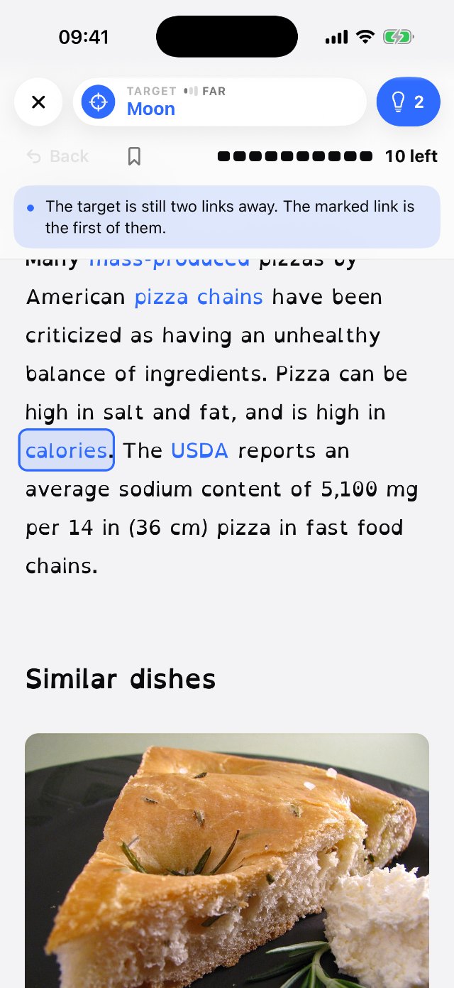 An article during a round, with a hint marking a useful link